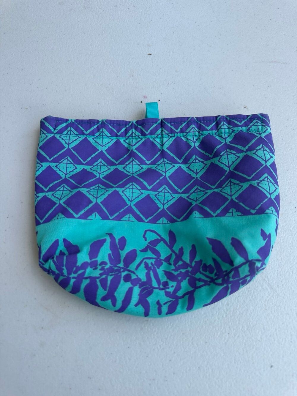 Handmade Hawaiian Silkscreen Teal Hook Loop Closure Nylon Lined Cosmetic Pouch